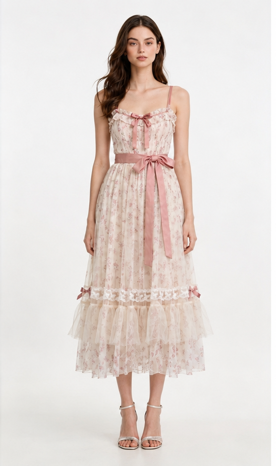 Cream Floral Chiffon Spaghetti Strap Satin Sash Tiered Ruffle Midi Dress