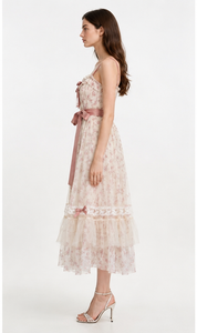 Cream Floral Chiffon Spaghetti Strap Satin Sash Tiered Ruffle Midi Dress