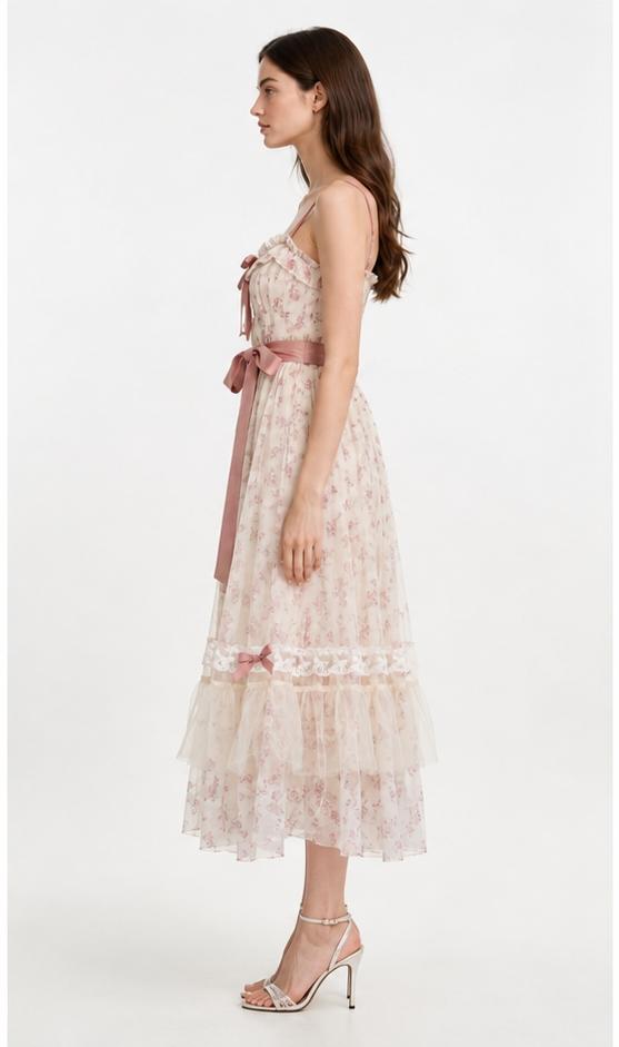 Cream Floral Chiffon Spaghetti Strap Satin Sash Tiered Ruffle Midi Dress