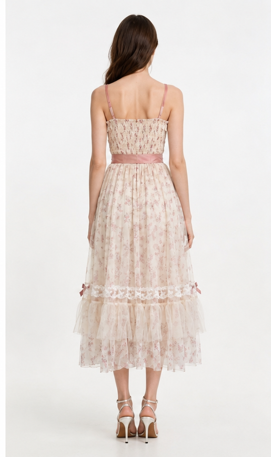 Cream Floral Chiffon Spaghetti Strap Satin Sash Tiered Ruffle Midi Dress