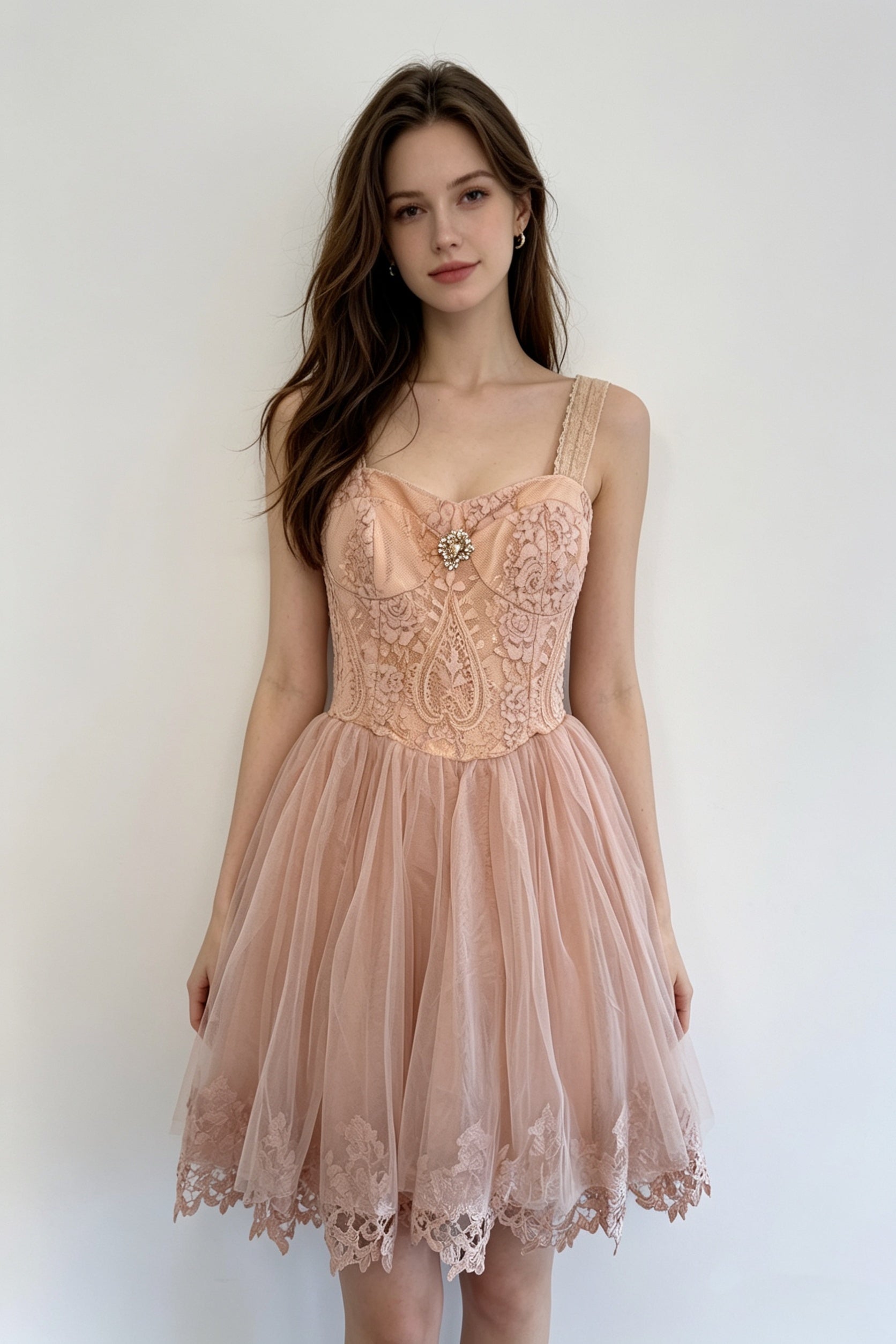 Blush Pink Floral Lace Embroidery Crystal Brooch Corset Tulle Mini Dress