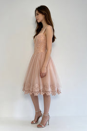 Blush Pink Floral Lace Embroidery Crystal Brooch Corset Tulle Mini Dress