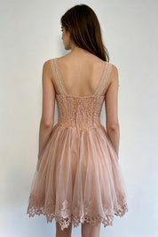 Blush Pink Floral Lace Embroidery Crystal Brooch Corset Tulle Mini Dress