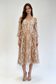Champagne Floral Lace Cold-Shoulder Corset Ruffle Midi Dress