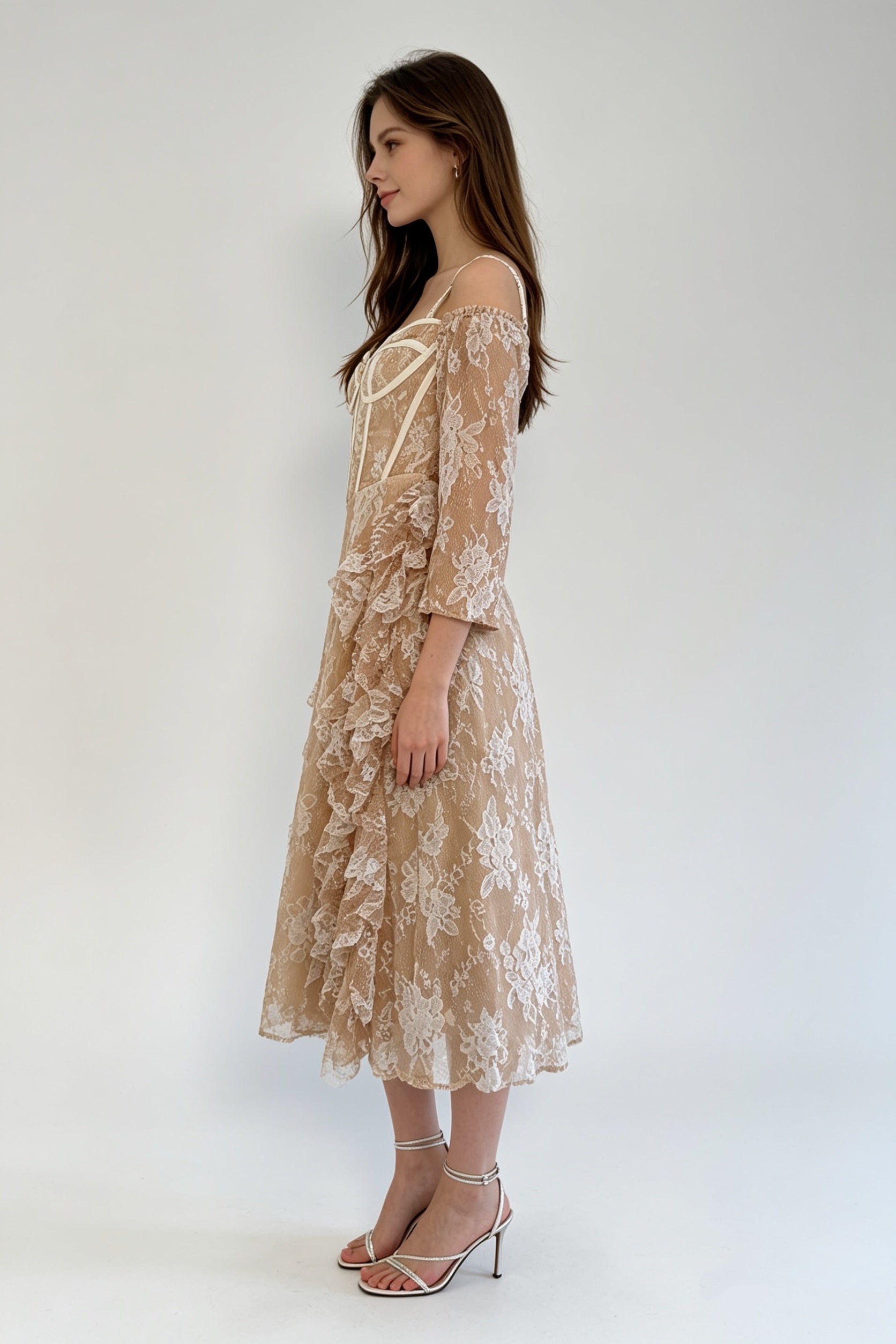 Champagne Floral Lace Cold-Shoulder Corset Ruffle Midi Dress