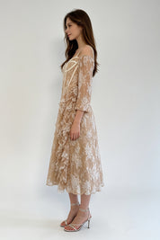 Champagne Floral Lace Cold-Shoulder Corset Ruffle Midi Dress