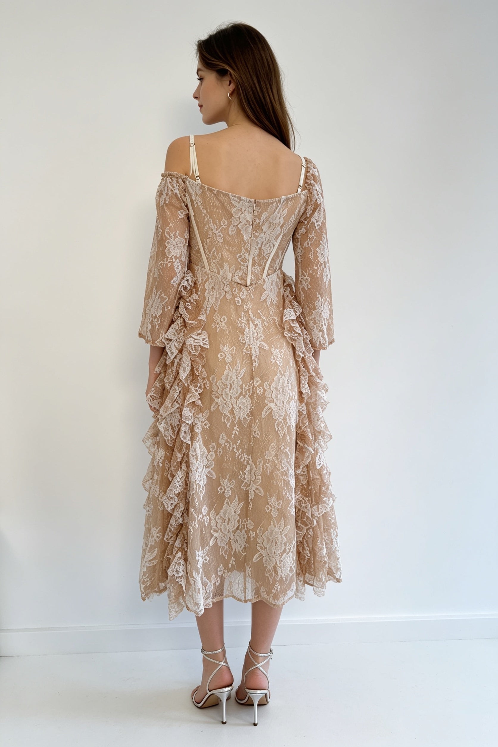 Champagne Floral Lace Cold-Shoulder Corset Ruffle Midi Dress