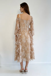 Champagne Floral Lace Cold-Shoulder Corset Ruffle Midi Dress
