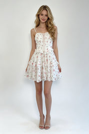 Cream Ditsy Floral Lace-Up Smocked Tiered Ruffle Mini Dress