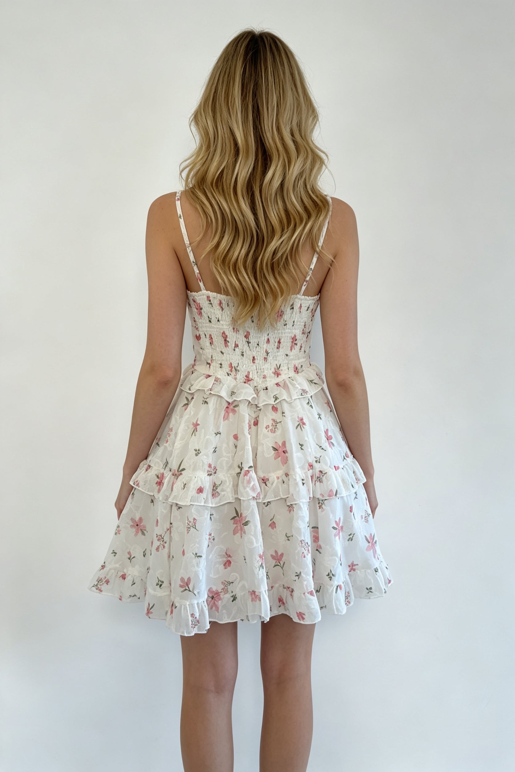 Cream Ditsy Floral Lace-Up Smocked Tiered Ruffle Mini Dress