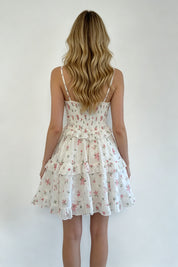 Cream Ditsy Floral Lace-Up Smocked Tiered Ruffle Mini Dress