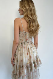 Champagne Floral Organza 3D Rose Smocked Tiered Hi-Low Ruffle Dress