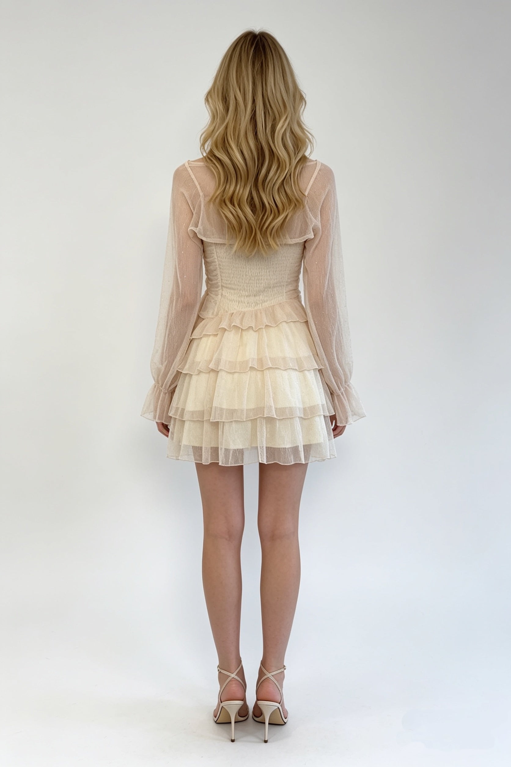 Cream Organza Sheer Long Sleeve Top & Tiered Ruffle Mini Skirt Set