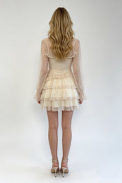 Cream Organza Sheer Long Sleeve Top & Tiered Ruffle Mini Skirt Set