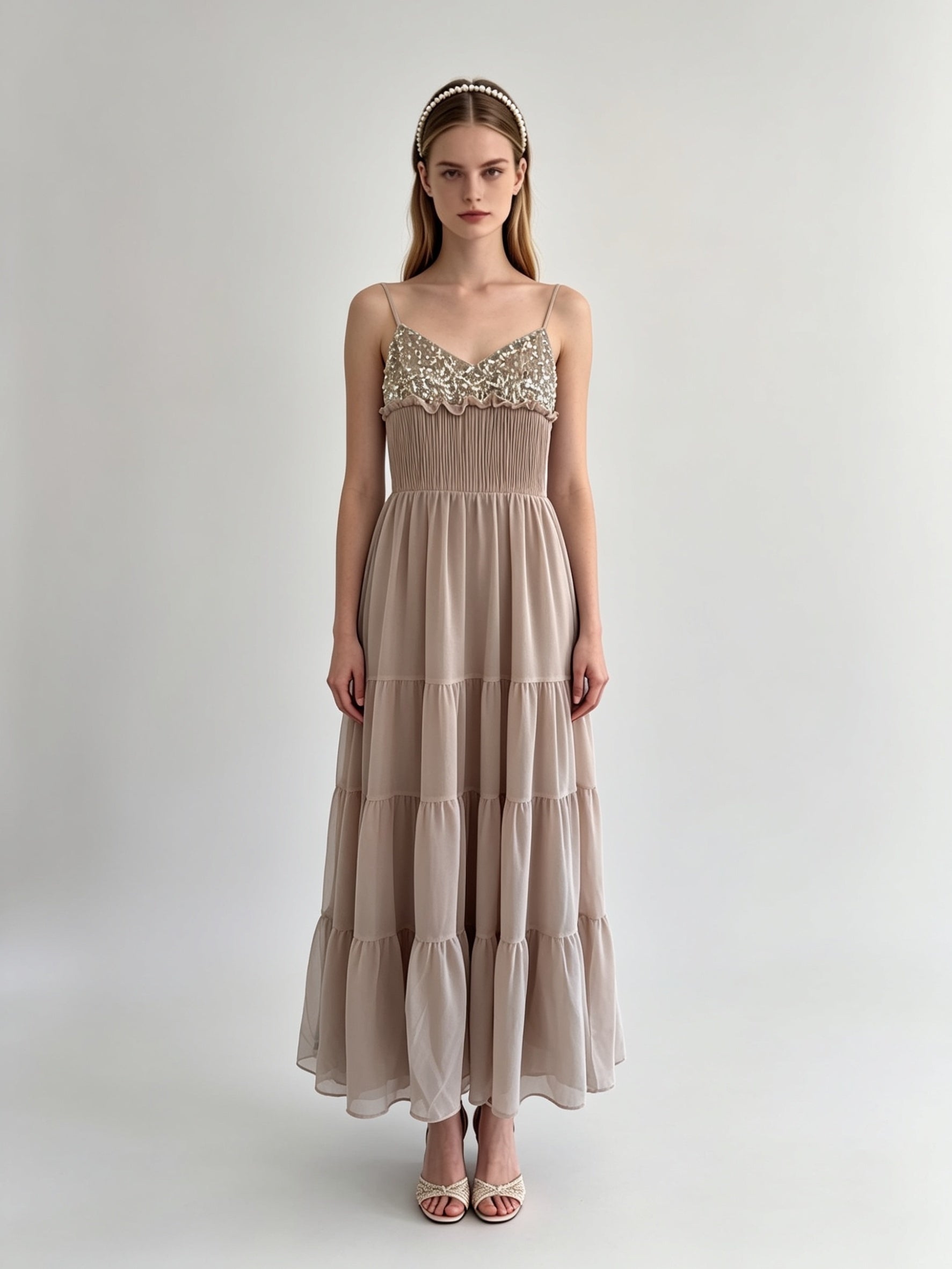 Taupe Chiffon Gold Sequin Embroidered Bustier Smocked Tiered Maxi Dress