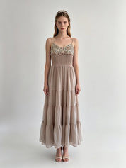 Taupe Chiffon Gold Sequin Embroidered Bustier Smocked Tiered Maxi Dress