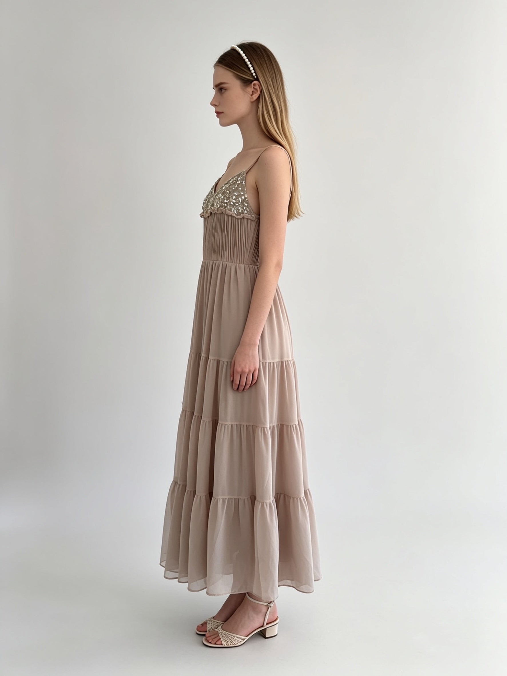 Taupe Chiffon Gold Sequin Embroidered Bustier Smocked Tiered Maxi Dress