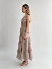 Taupe Chiffon Gold Sequin Embroidered Bustier Smocked Tiered Maxi Dress