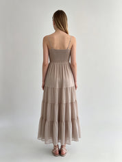 Taupe Chiffon Gold Sequin Embroidered Bustier Smocked Tiered Maxi Dress