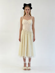 Cream Lace Corset Crystal Pearl Fringe Tulle Midi Dress