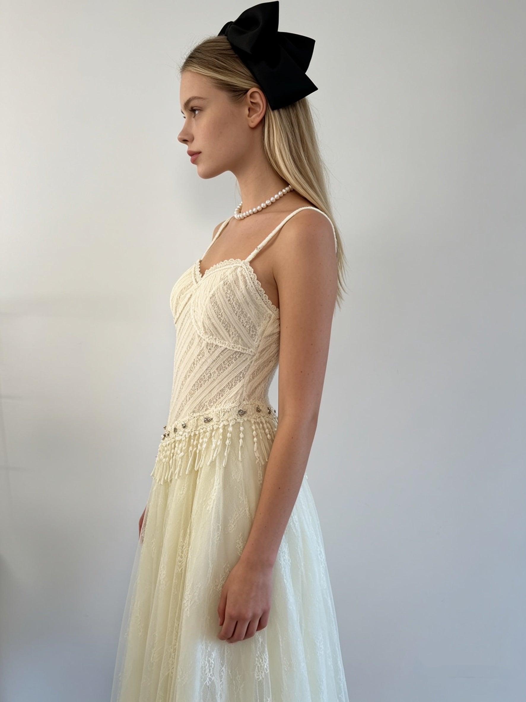 Cream Lace Corset Crystal Pearl Fringe Tulle Midi Dress