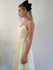 Cream Lace Corset Crystal Pearl Fringe Tulle Midi Dress