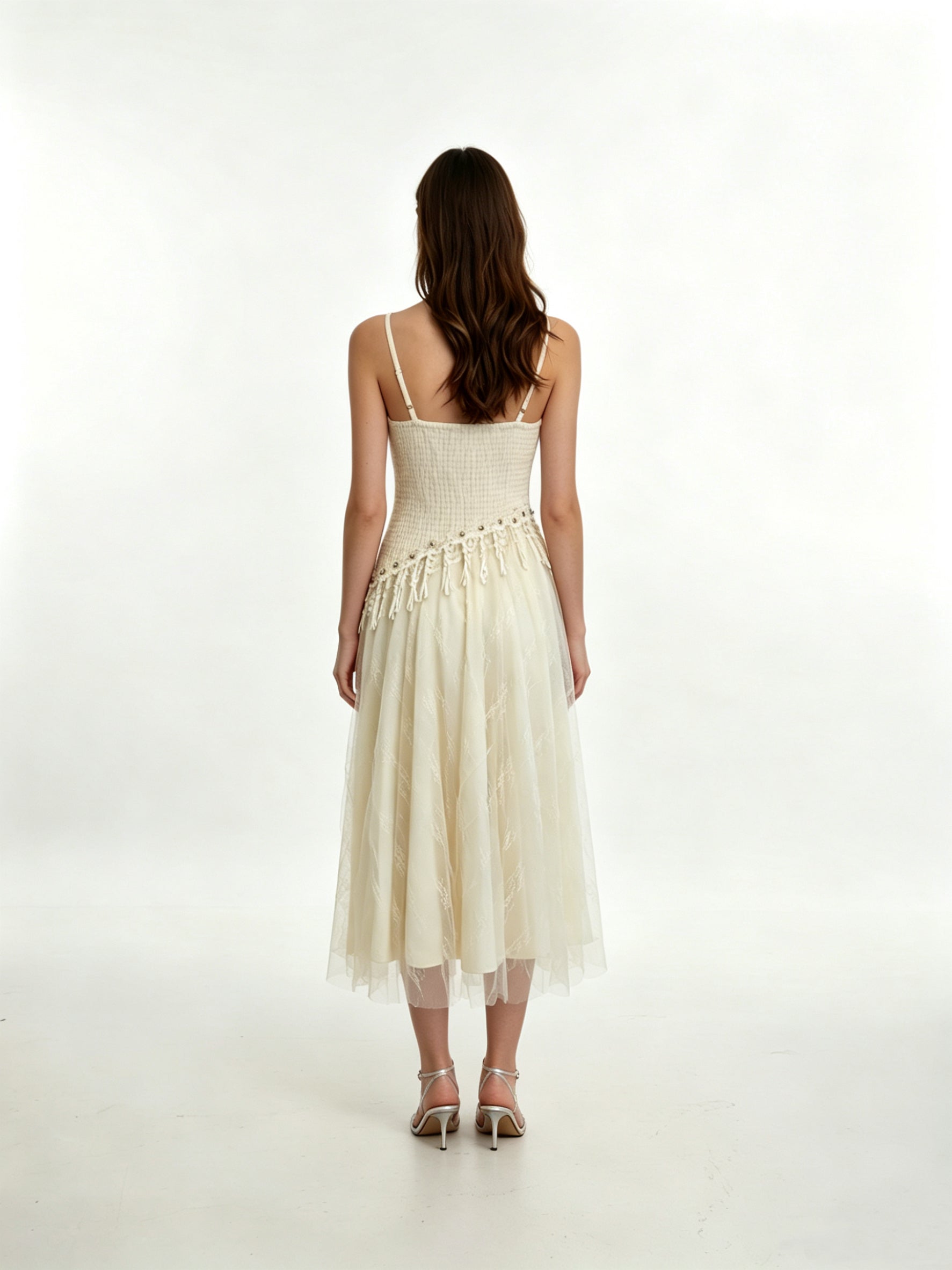 Cream Lace Corset Crystal Pearl Fringe Tulle Midi Dress