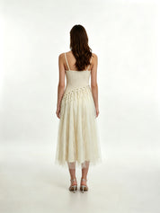 Cream Lace Corset Crystal Pearl Fringe Tulle Midi Dress