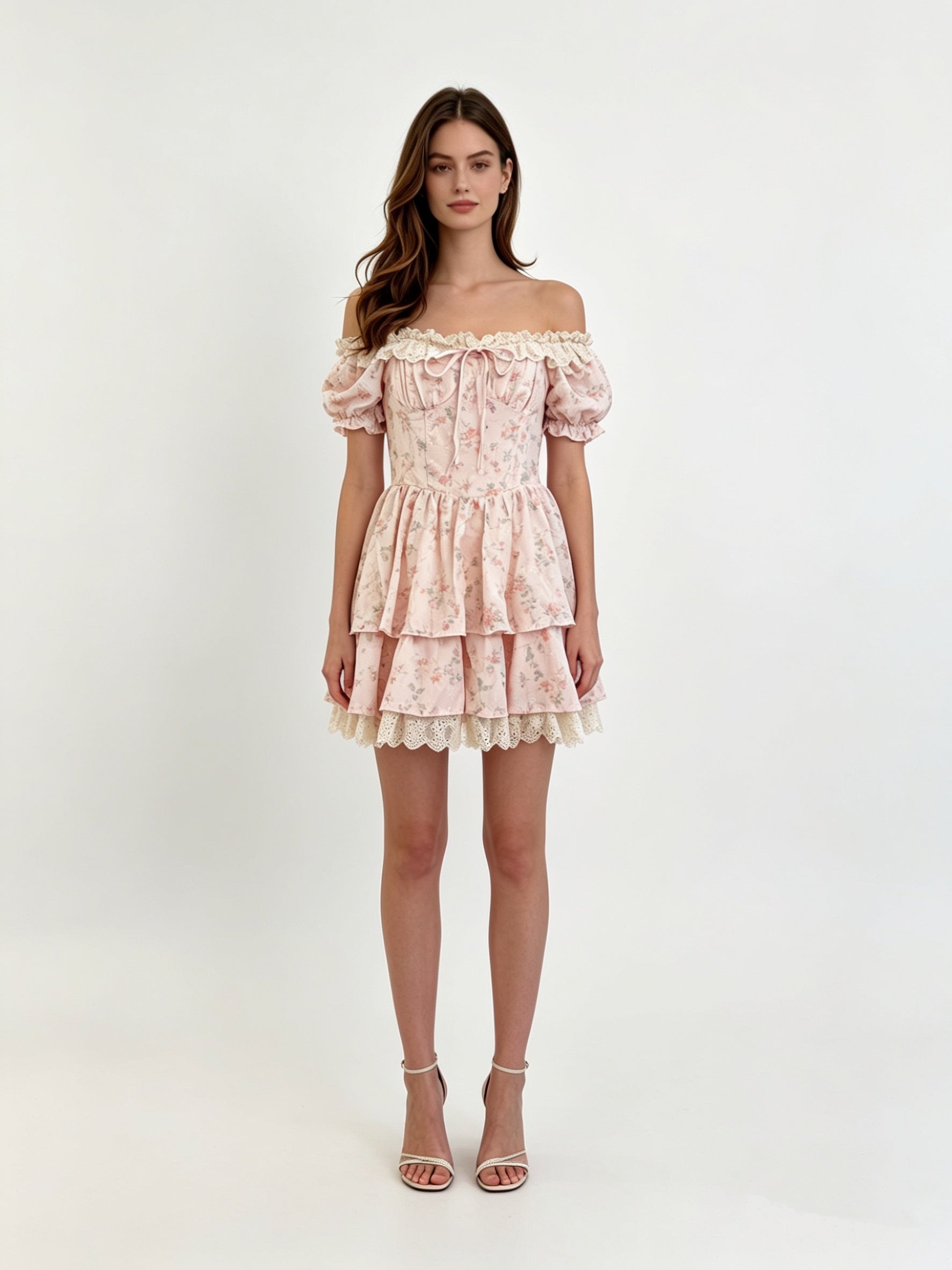Blush Pink Floral Off-Shoulder Puff Sleeve Smocked Tiered Eyelet Mini Dress