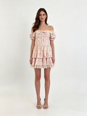 Blush Pink Floral Off-Shoulder Puff Sleeve Smocked Tiered Eyelet Mini Dress