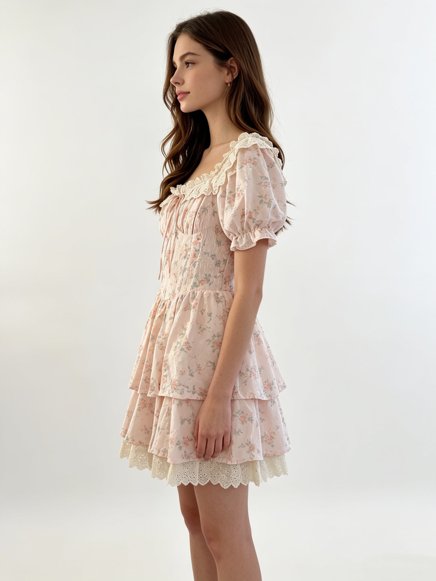 Blush Pink Floral Off-Shoulder Puff Sleeve Smocked Tiered Eyelet Mini Dress