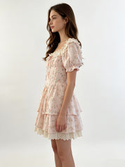 Blush Pink Floral Off-Shoulder Puff Sleeve Smocked Tiered Eyelet Mini Dress