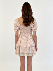 Blush Pink Floral Off-Shoulder Puff Sleeve Smocked Tiered Eyelet Mini Dress