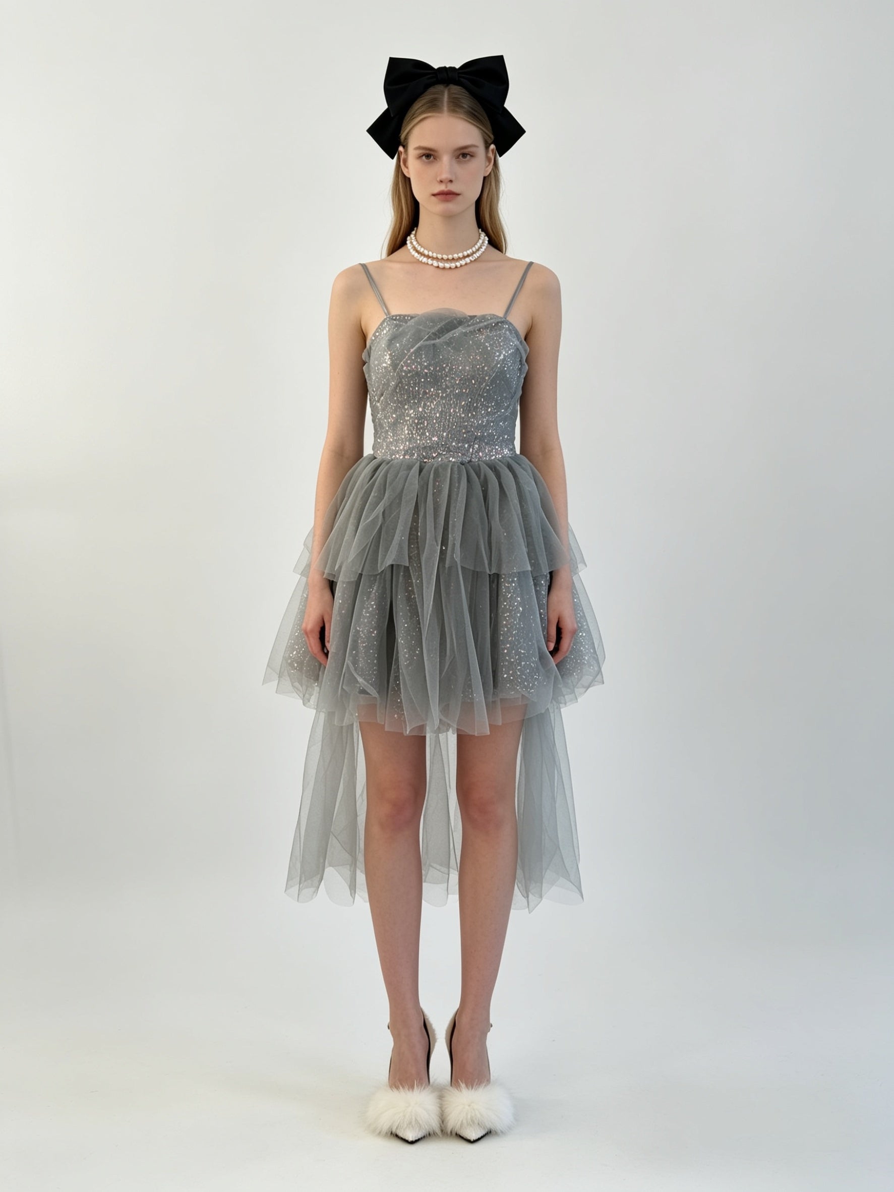 Dusty Blue Glitter Sequin Corset Asymmetric Layered Tulle Hi-Low Mini Dress