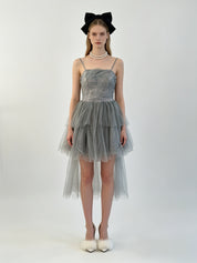 Dusty Blue Glitter Sequin Corset Asymmetric Layered Tulle Hi-Low Mini Dress