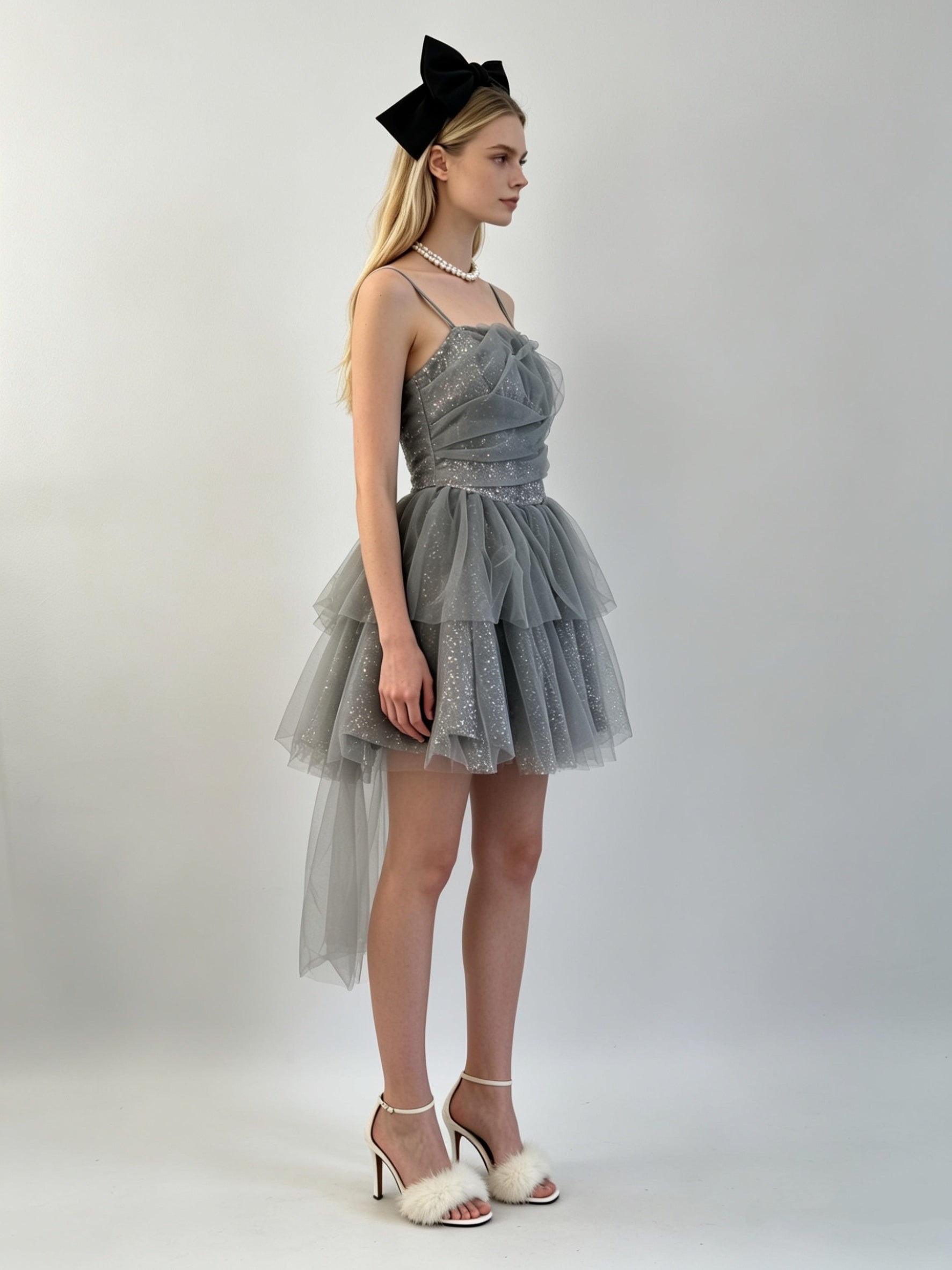 Dusty Blue Glitter Sequin Corset Asymmetric Layered Tulle Hi-Low Mini Dress