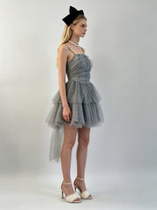 Dusty Blue Glitter Sequin Corset Asymmetric Layered Tulle Hi-Low Mini Dress