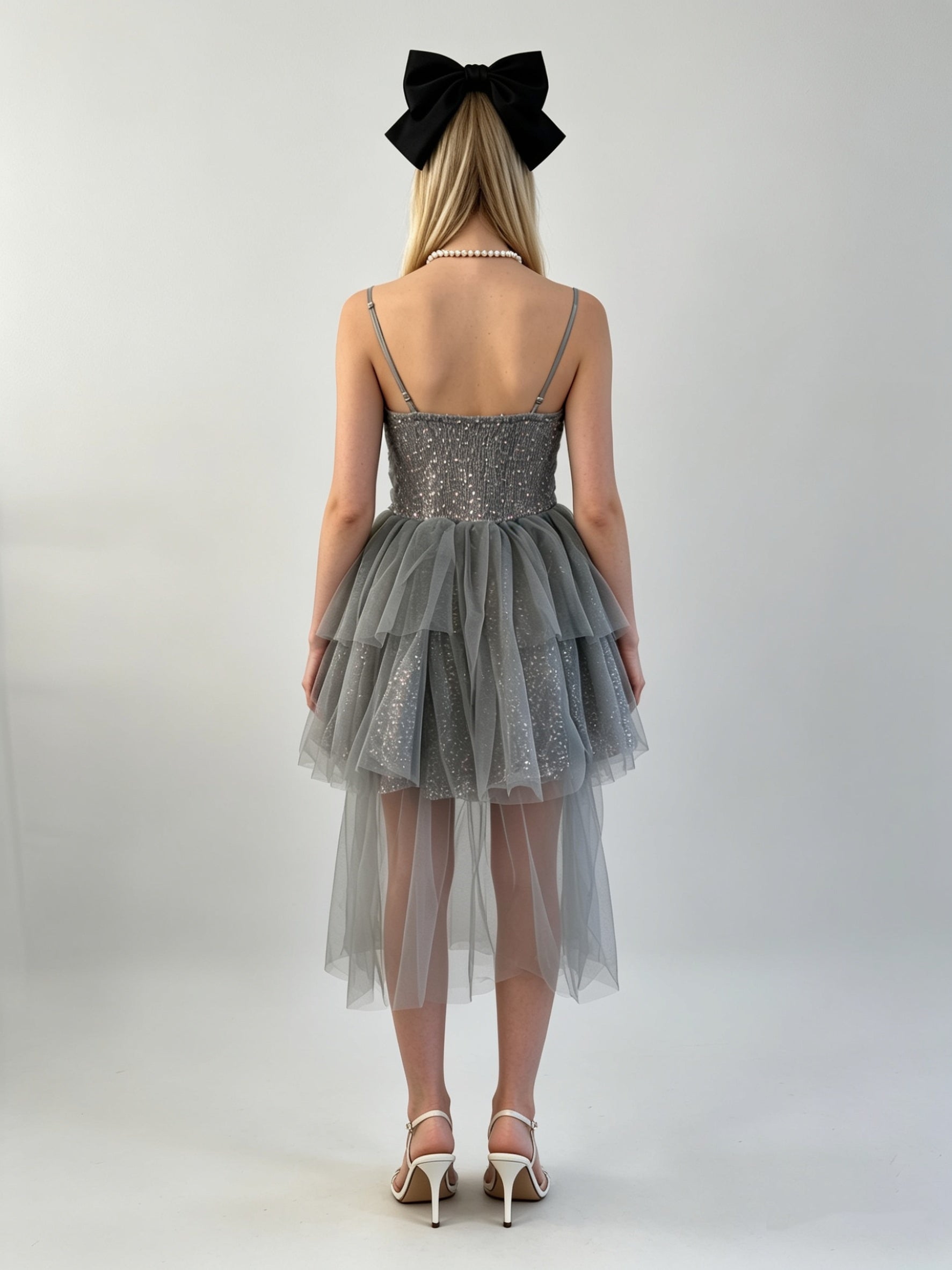 Dusty Blue Glitter Sequin Corset Asymmetric Layered Tulle Hi-Low Mini Dress