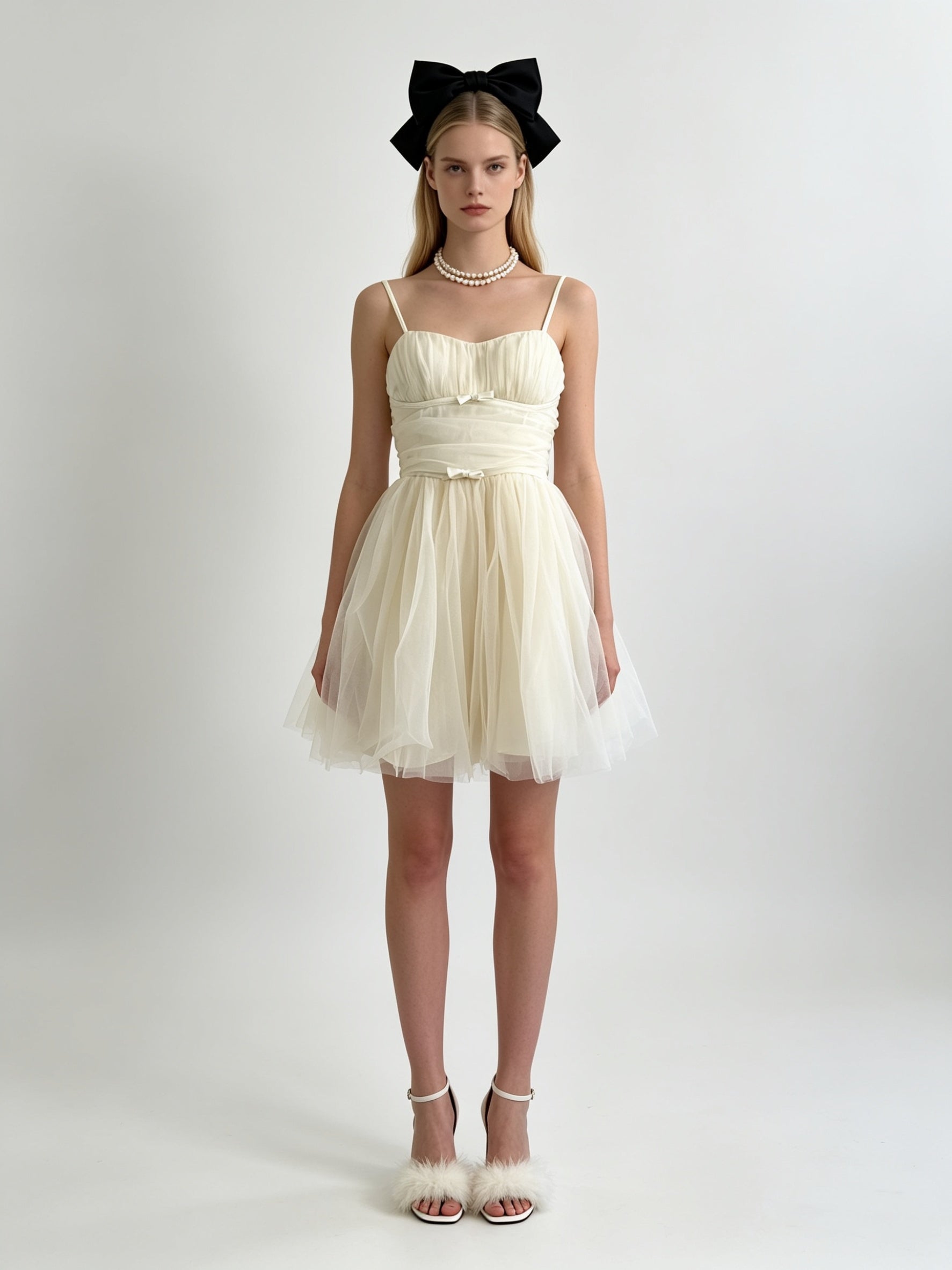 Ruched Double Bow Corset Tulle Mini Dress