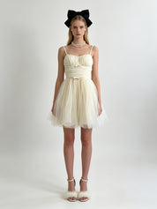 Ruched Double Bow Corset Tulle Mini Dress