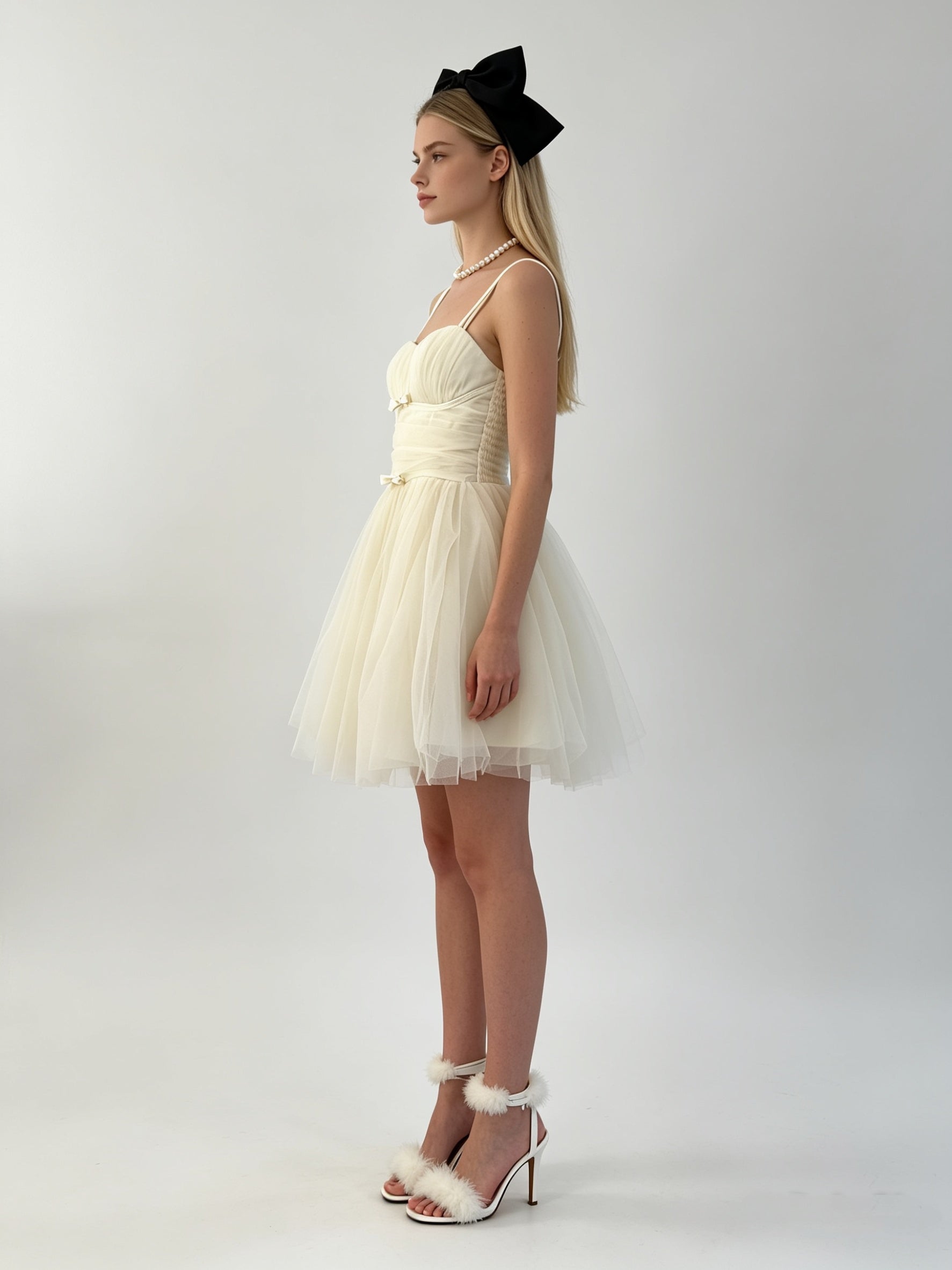 Ruched Double Bow Corset Tulle Mini Dress