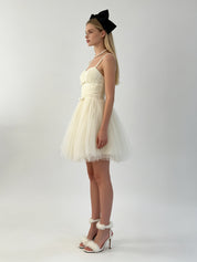Ruched Double Bow Corset Tulle Mini Dress
