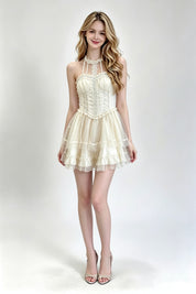 Halter Cross-Lace Corset Tiered Tulle Mini Dress