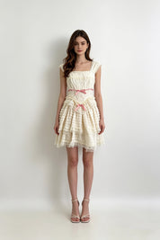 Ivory Lace Cap-Sleeve Pink Bow Tiered Ruffle Mini Dress