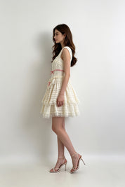 Ivory Lace Cap-Sleeve Pink Bow Tiered Ruffle Mini Dress