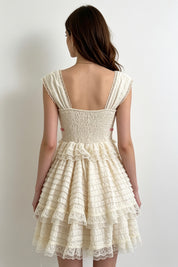 Ivory Lace Cap-Sleeve Pink Bow Tiered Ruffle Mini Dress