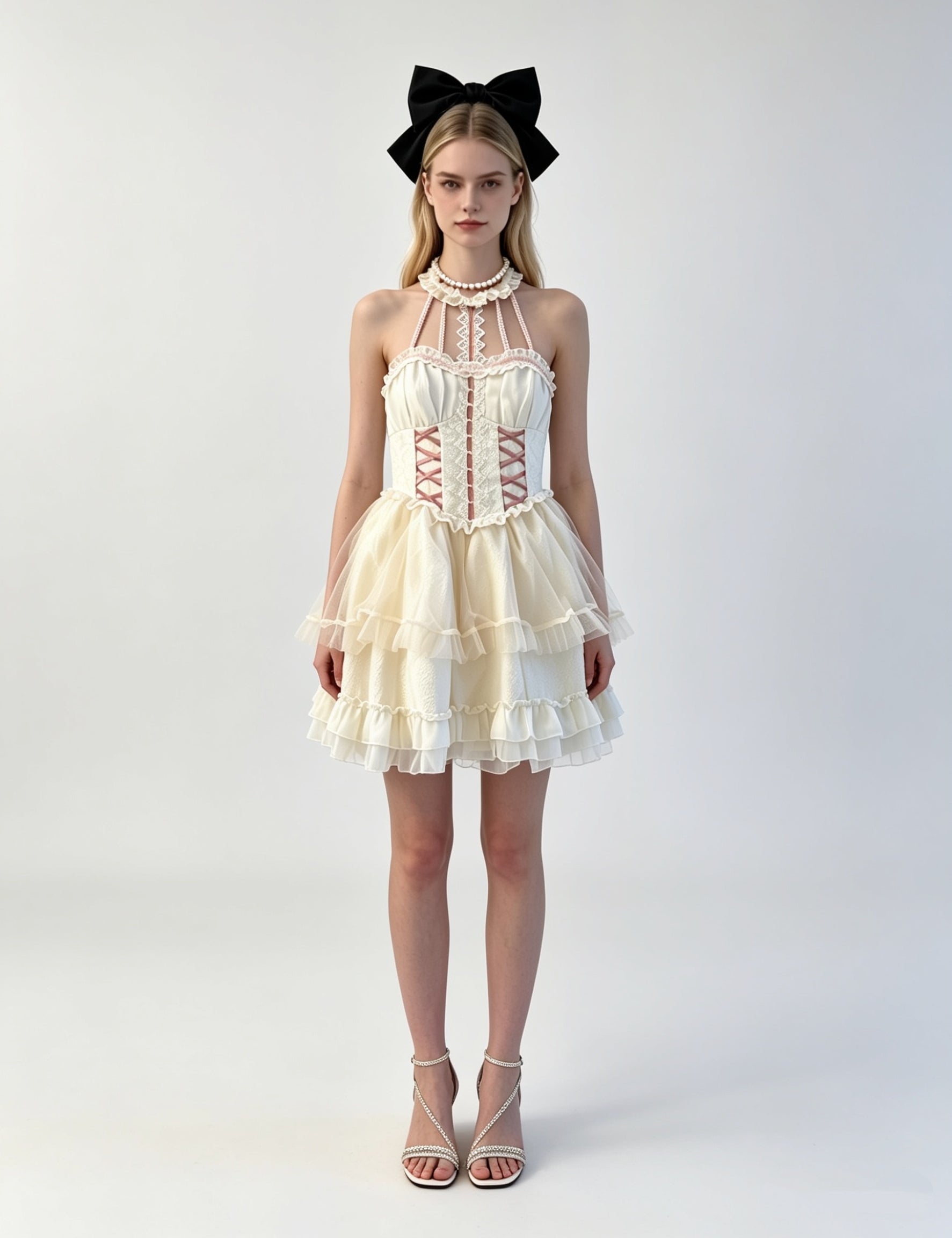 Halter Cross-Lace Corset Tiered Tulle Mini Dress