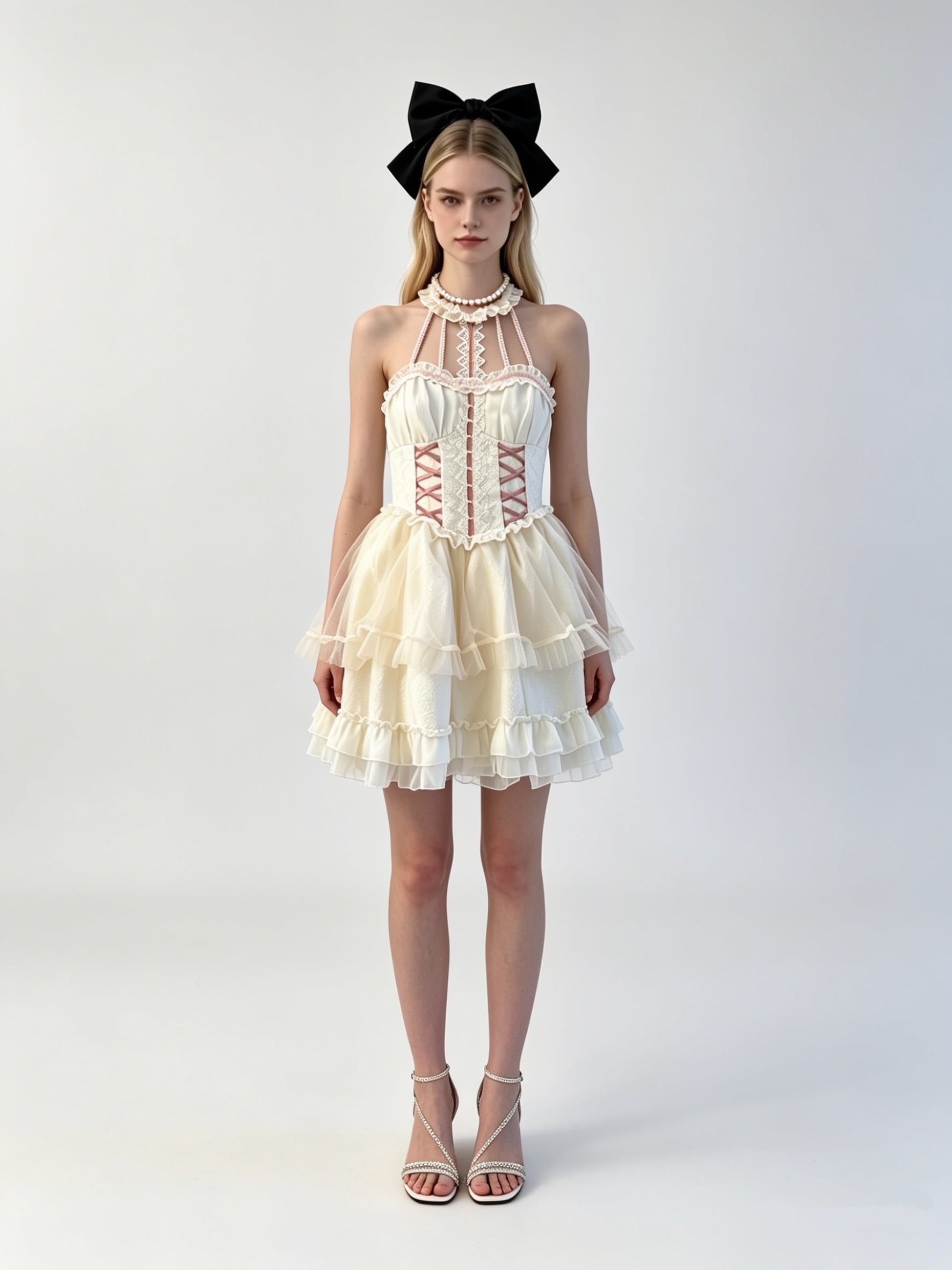 Halter Cross-Lace Corset Tiered Tulle Mini Dress