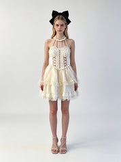 Halter Cross-Lace Corset Tiered Tulle Mini Dress