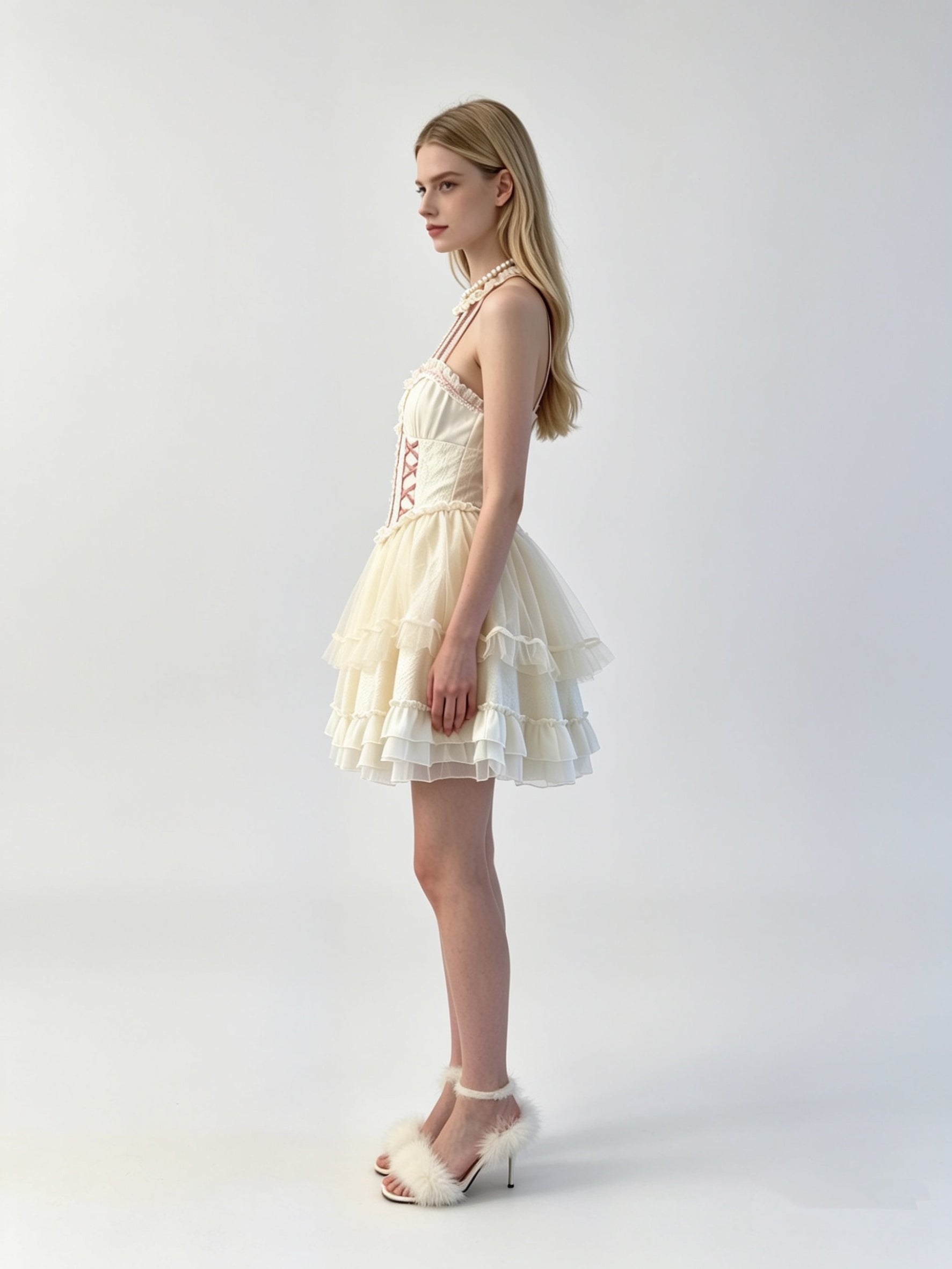 Halter Cross-Lace Corset Tiered Tulle Mini Dress